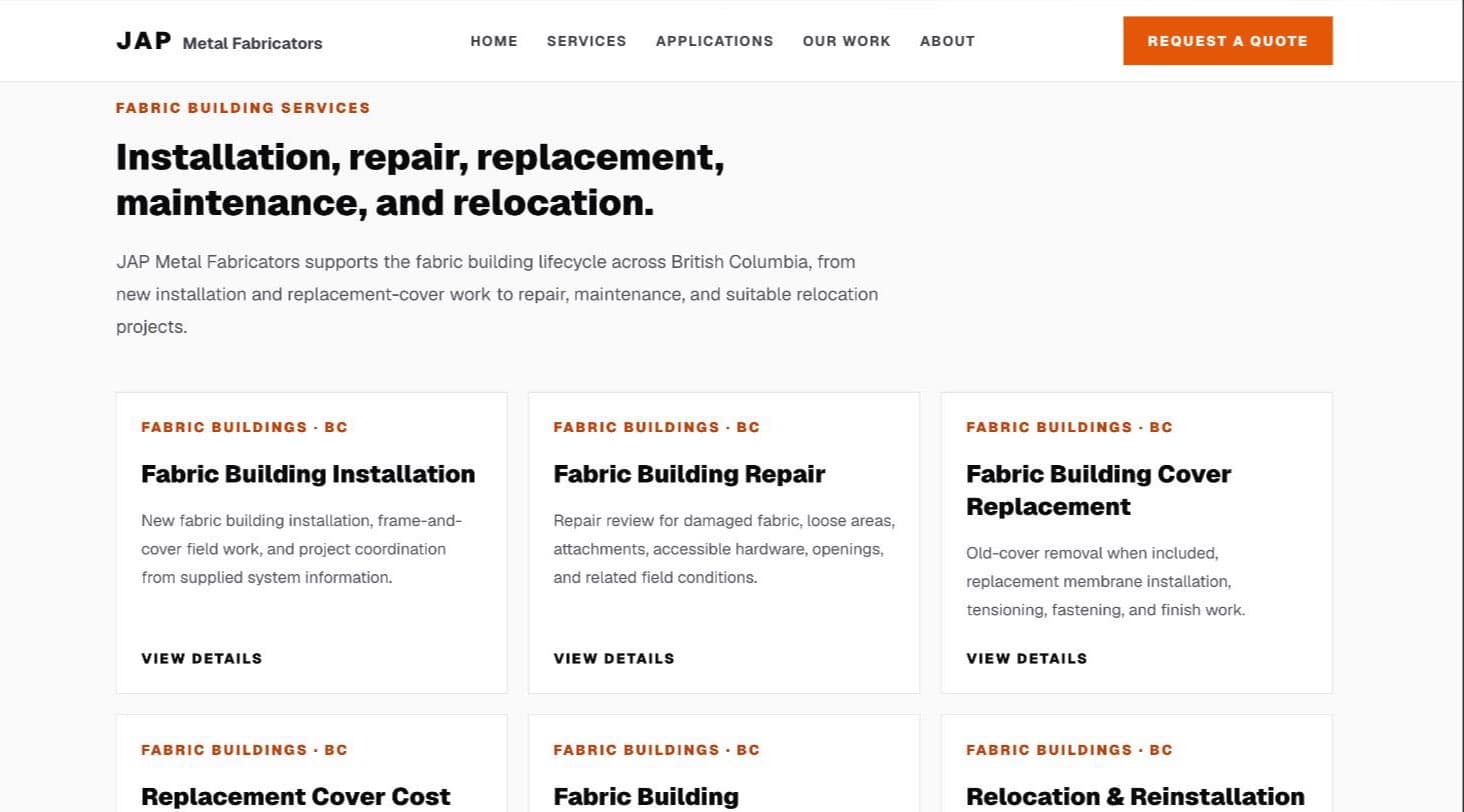 Homepage services section showing a grid of service cards including Fabric Building Installation, Fabric Building Repair and Fabric Building Cover Replacement, each with a View details link.