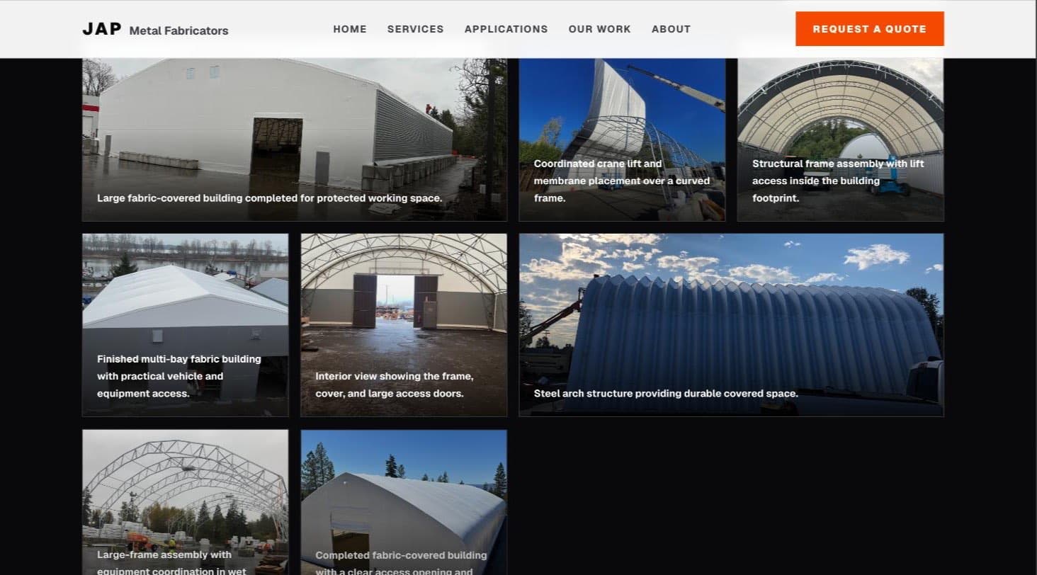 Project gallery section showing photographs of completed fabric buildings, a crane lift over a curved frame, structural frame assembly and a finished multi-bay building, each with a descriptive caption.