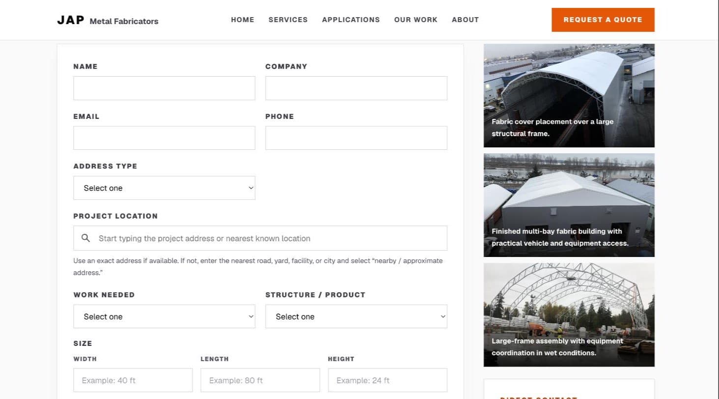 The structured quote request form showing fields for name, company, email, phone, address type, a project location search, work needed, structure or product, and width, length and height dimensions, alongside a column of project photographs.