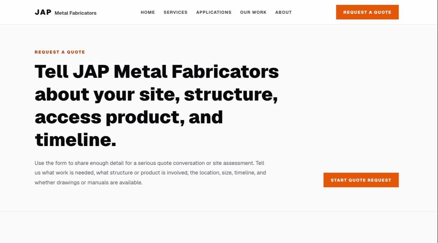 Request a Quote page introduction asking the visitor to describe their site, structure, access product and timeline, with a Start quote request button.