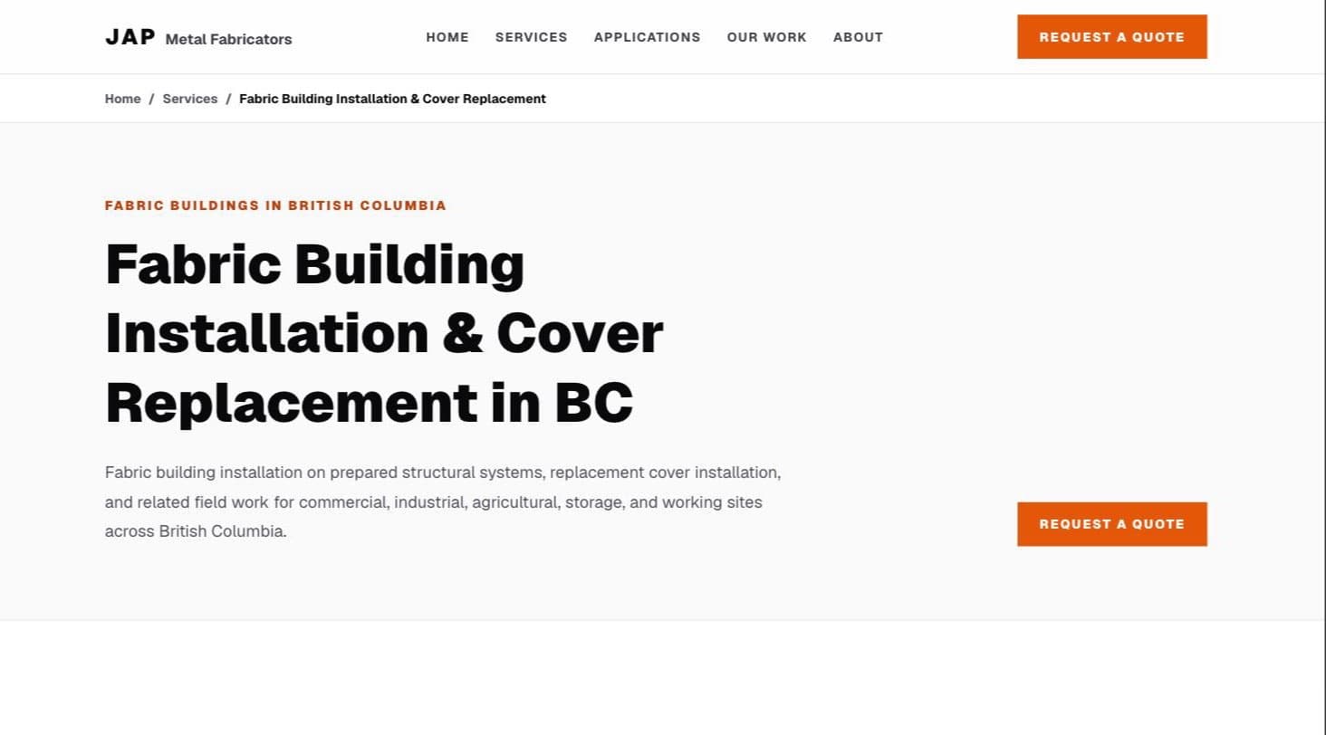 Fabric Building Installation service page with a breadcrumb trail, the heading 'Fabric Building Installation & Cover Replacement in BC', a descriptive paragraph and a Request a Quote button.