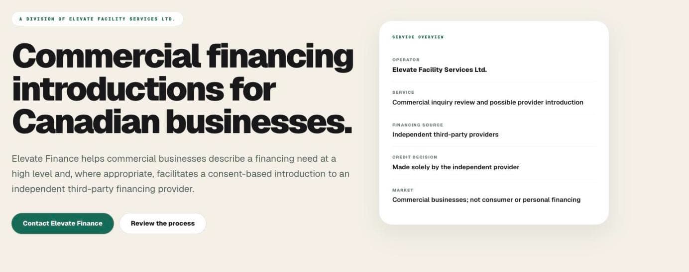 Elevate Finance page headlined 'Commercial financing introductions for Canadian businesses', beside a service overview card stating the operator, the service, that financing comes from independent third-party providers, that credit decisions are made solely by the provider, and that the market is commercial rather than consumer.