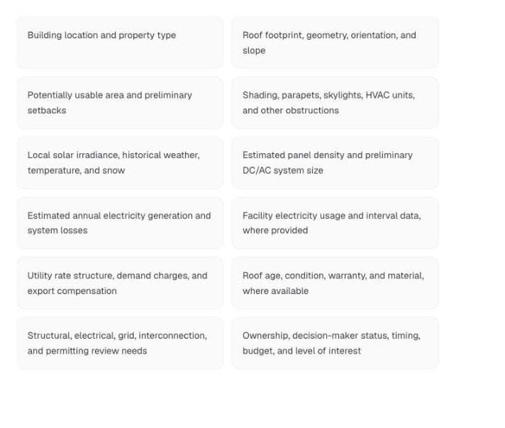 The inputs considered in a preliminary assessment, including roof footprint and geometry, usable area and setbacks, obstructions, solar irradiance, estimated panel density, generation and losses, utility rate structure, roof condition, and structural, electrical and permitting review needs.
