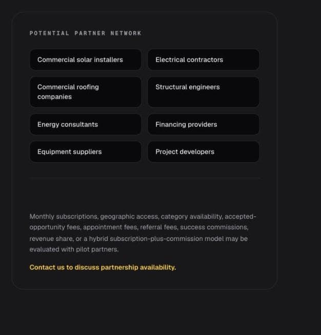 The potential partner network: commercial solar installers, electrical contractors, roofing companies, structural engineers, energy consultants, financing providers, equipment suppliers and project developers, with a note that commercial arrangements are still being evaluated with pilot partners.